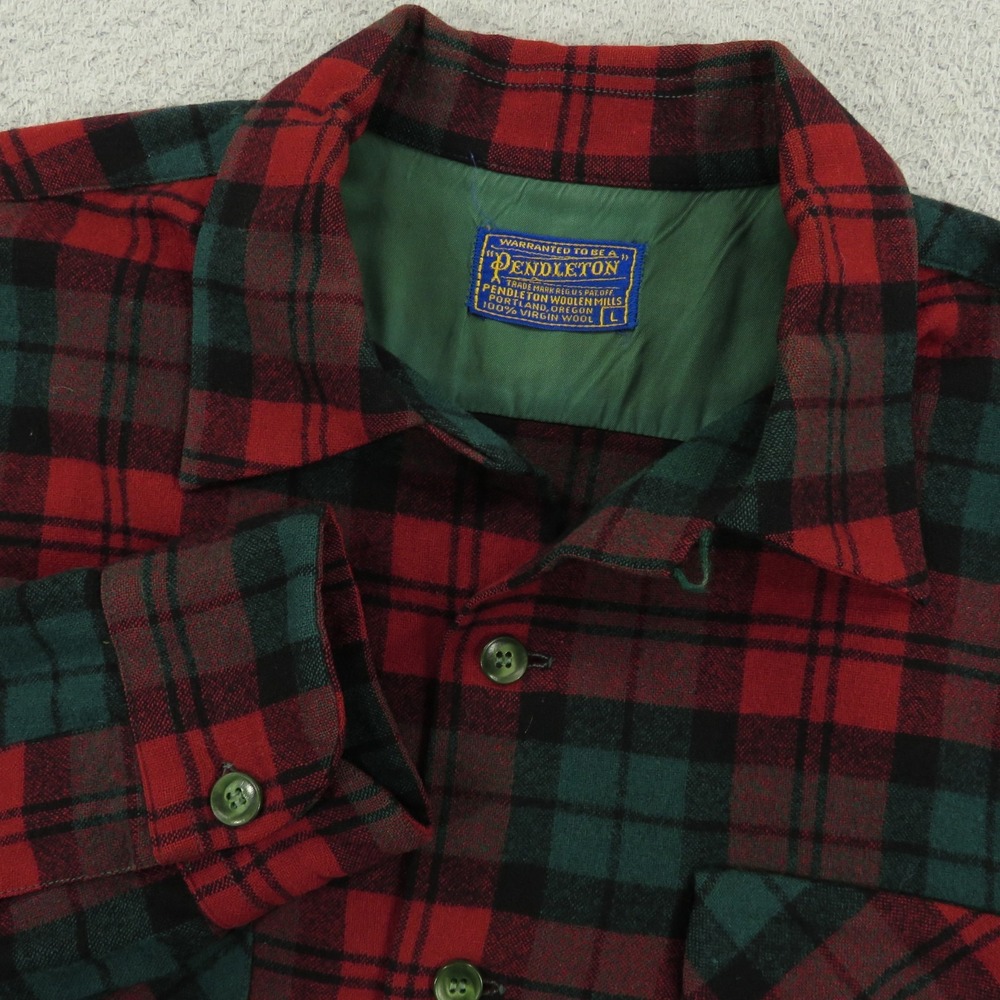 VINTAGE Pendleton Board Shirt Mens Large 80s Red Green Shadow Plaid Loop Collar